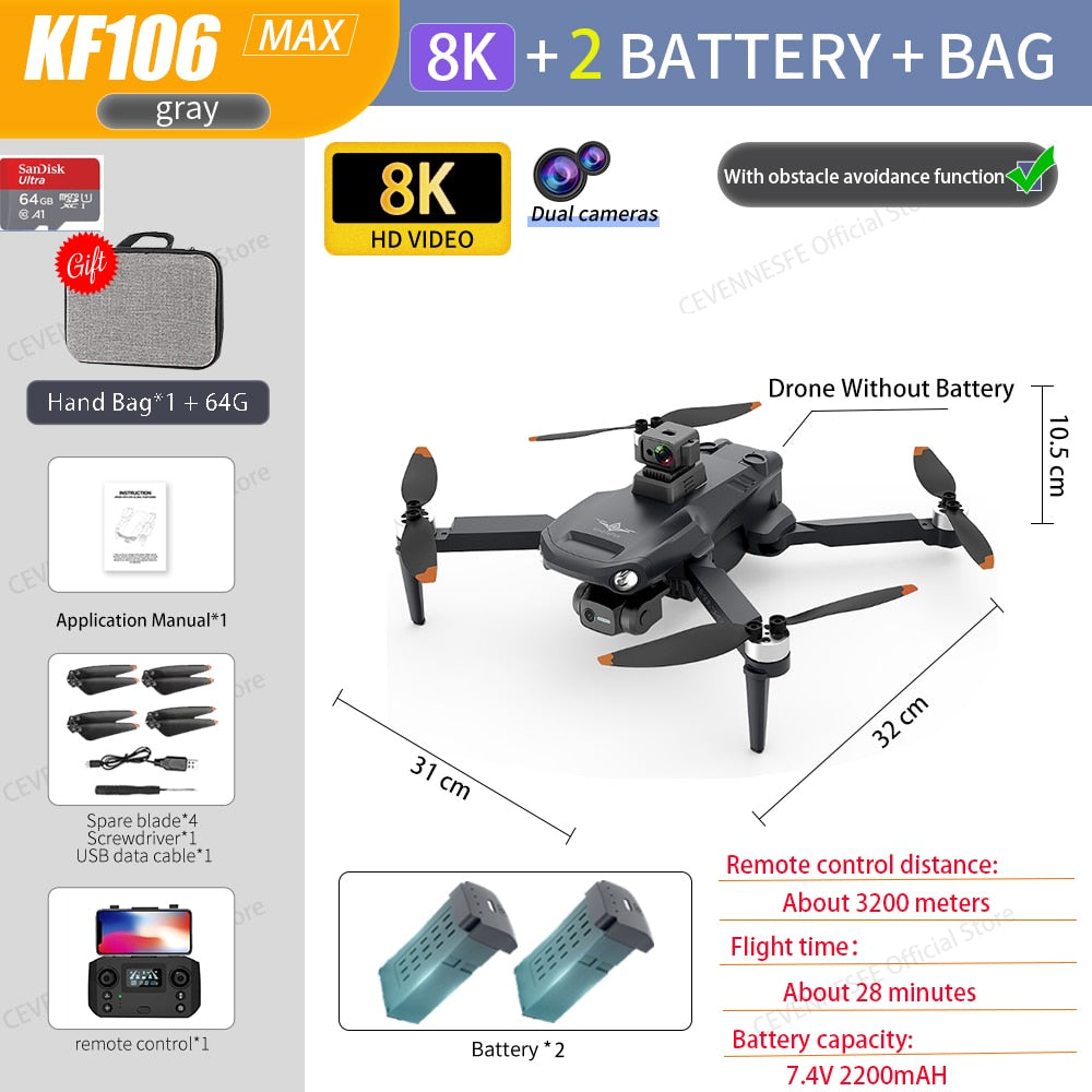 2022 NEW KF106 Max Drone 8K Professional 5G WIFI Dron HD Camera Anti-Shake 3-Axis Gimbal Brushless Motor RC Foldable Quadcopter