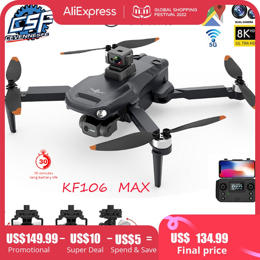 2022 NEW KF106 Max Drone 8K Professional 5G WIFI Dron HD Camera Anti-Shake 3-Axis Gimbal Brushless Motor RC Foldable Quadcopter